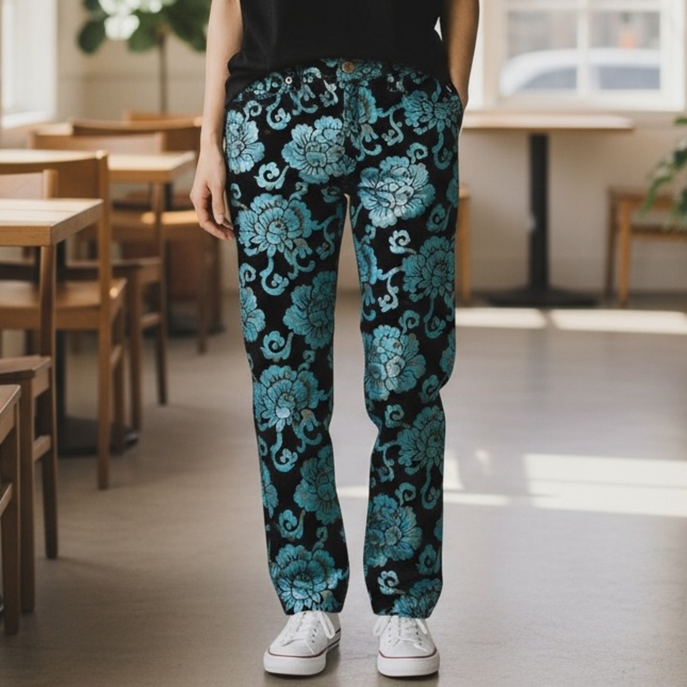 CUSTO Barcelona Bohemian Pants Jeans Size 42 in USA 8/10 Floral Velvet Fabric